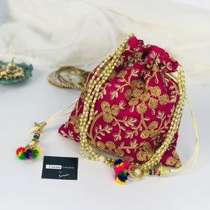 Boho Pink Chic Embroidered Drawstring Clutch Bag
